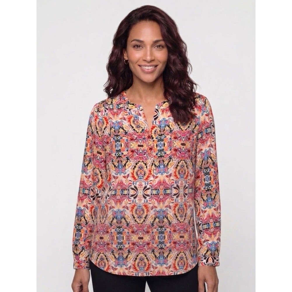 Investments Petites Women's Floral  Split Neck Pullover Blouse Cottagecore Sz PL